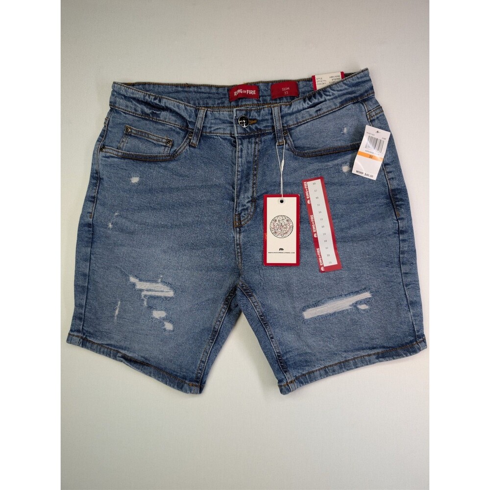 Ring of Fire "NIRVANA" Style Mens Denim Jean Shorts Slim Fit Mens 33"Wx 8" L